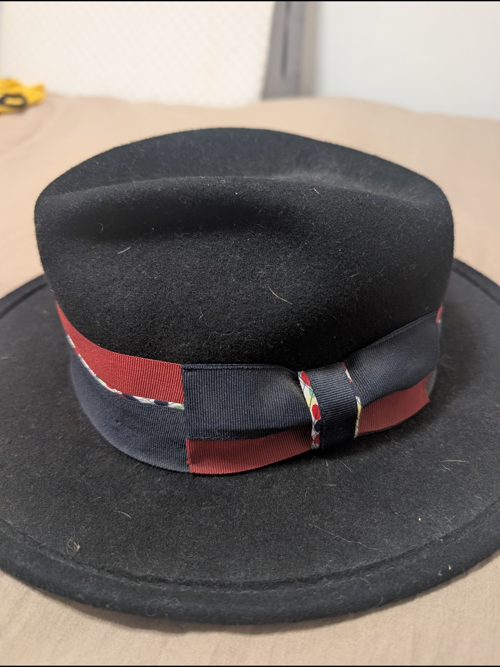 ADORA Black Fedora with Burgundy & Navy Ribbon Accent